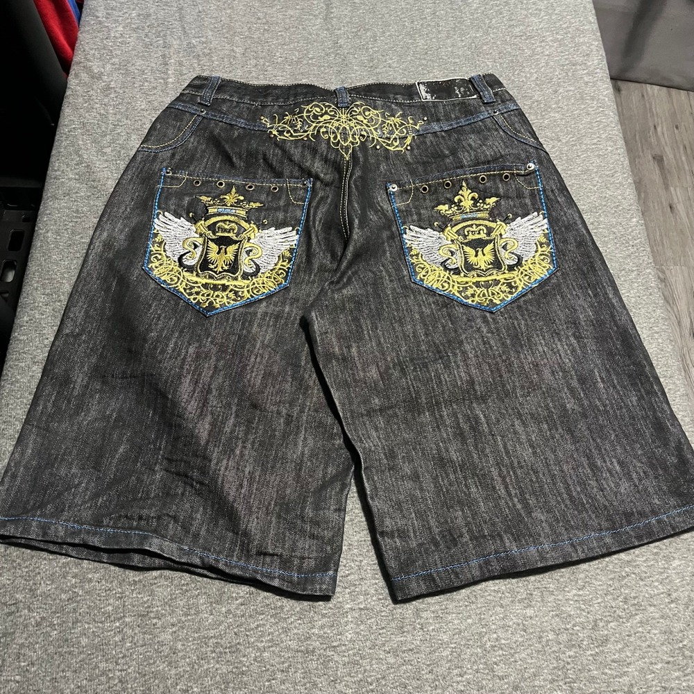 Red Ape Mens Baggy Denim Shorts Black Dark Wash Embroidered Y2K Crest Size 36